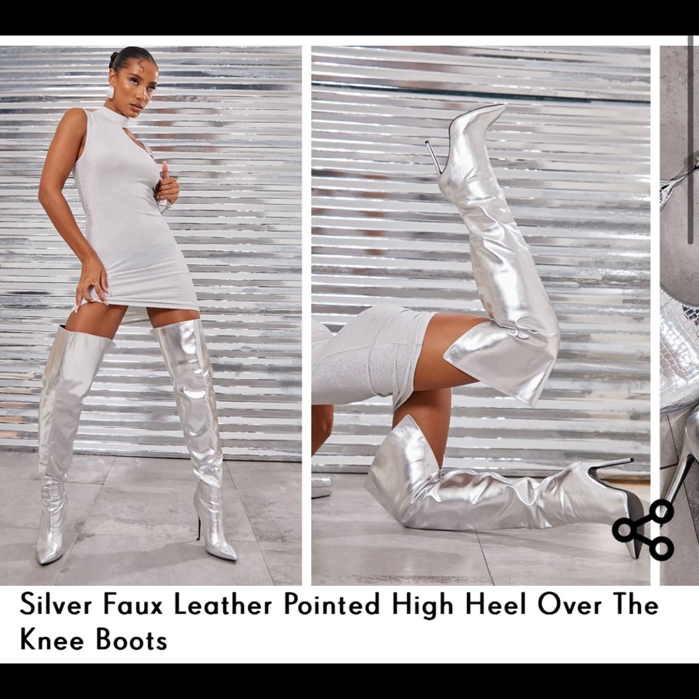 Silver Faux Leather High Heel Over The Knee Boots